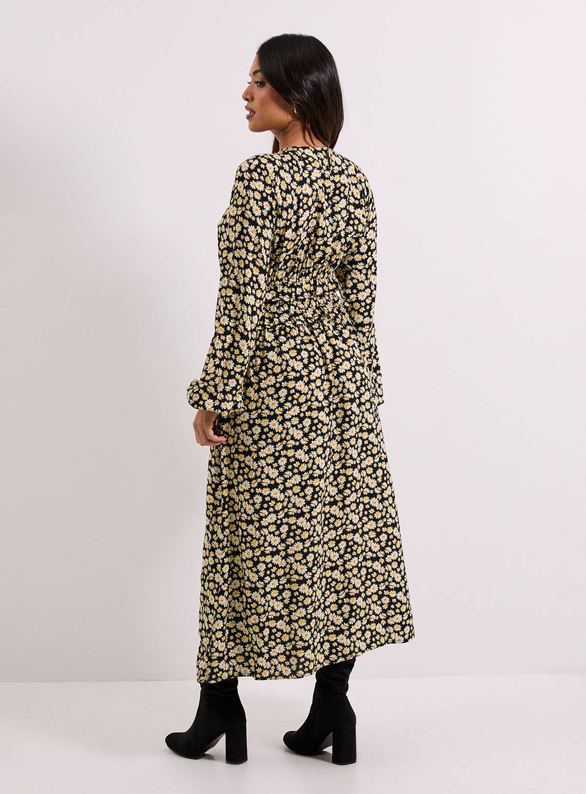 DOROTHY PERKINS Petite Black Daisy Frill Waist Detail Blouson Sleeve Midaxi Dress 12 - Image 3